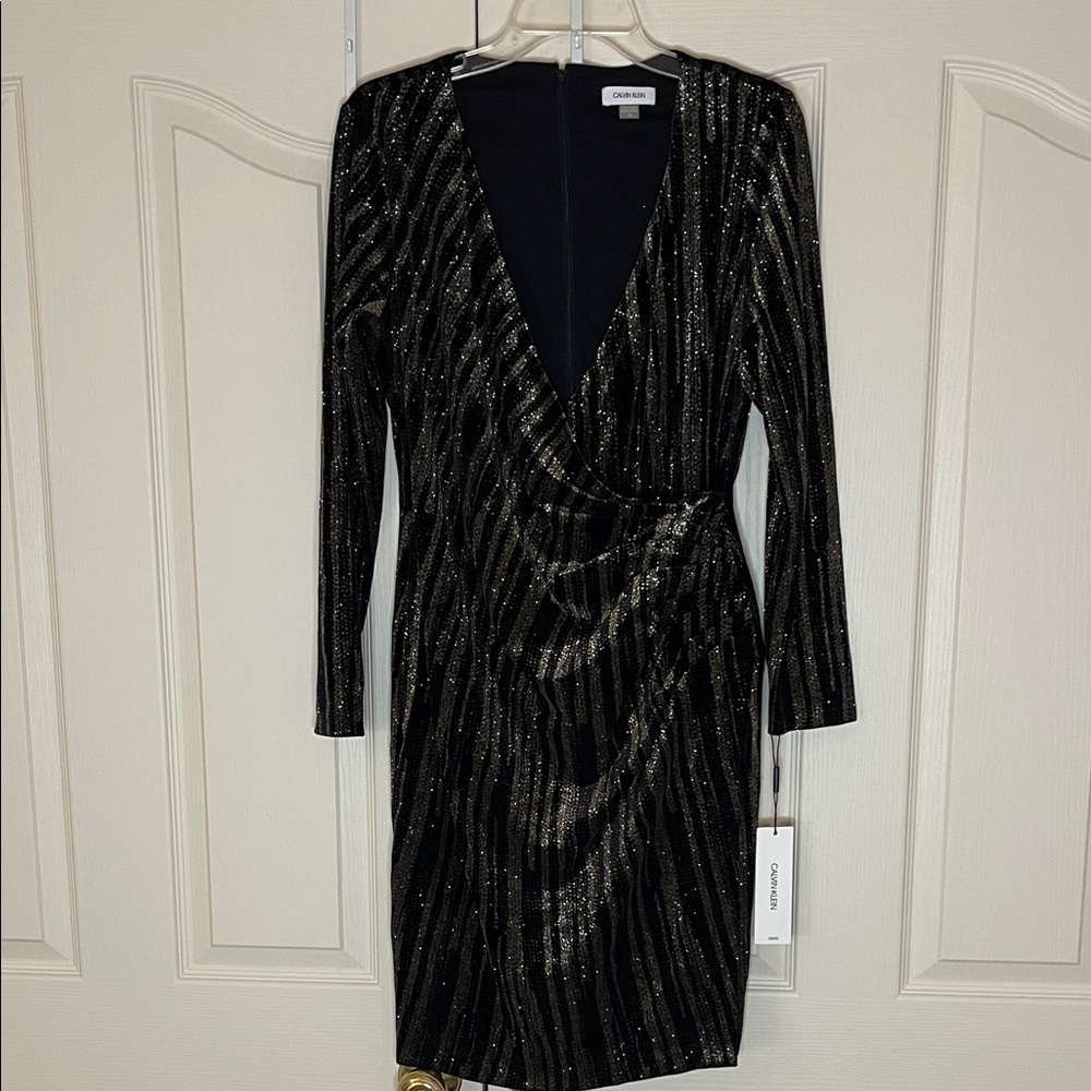 Calvin Klein Black and Gold Long Sleeve Dress